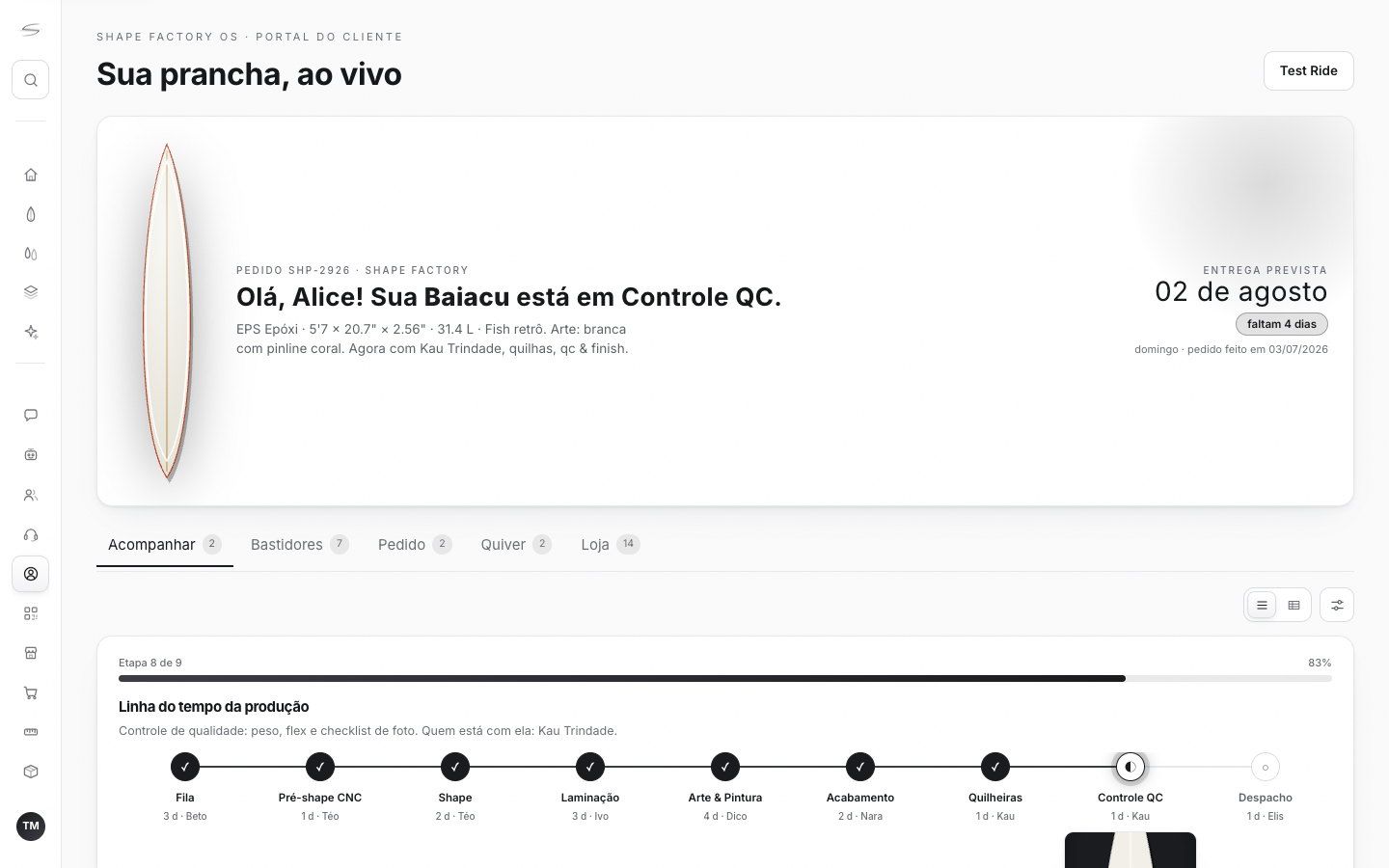 Portal do cliente acompanhando a prancha etapa a etapa